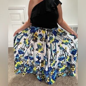 XL FLORAL BLUE AND YELLOW SATIN MAXI SKIRT
